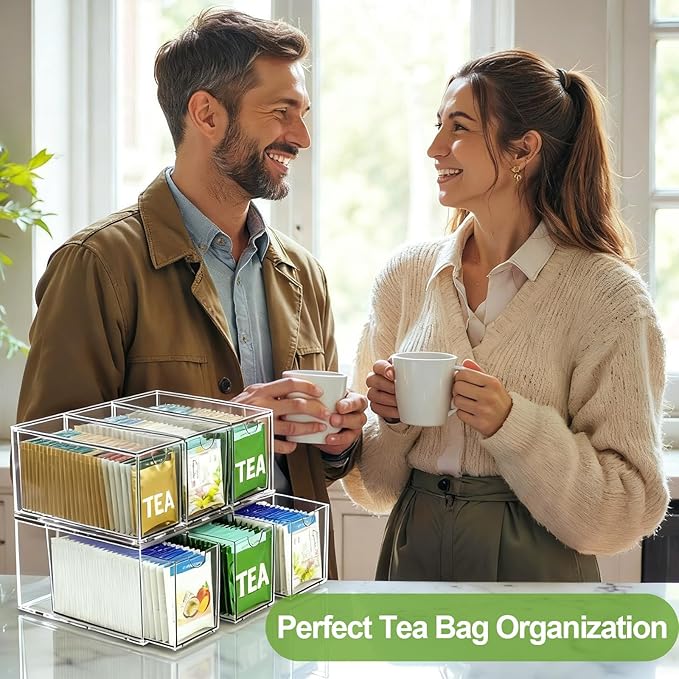2 Pack Stackable Tea Bag Storage Organizer Drawers – Clear Acrylic Tea Bag Holder for Cabinet, Drawer, Pantry, Countertop – Kitchen Tea Storage Container
