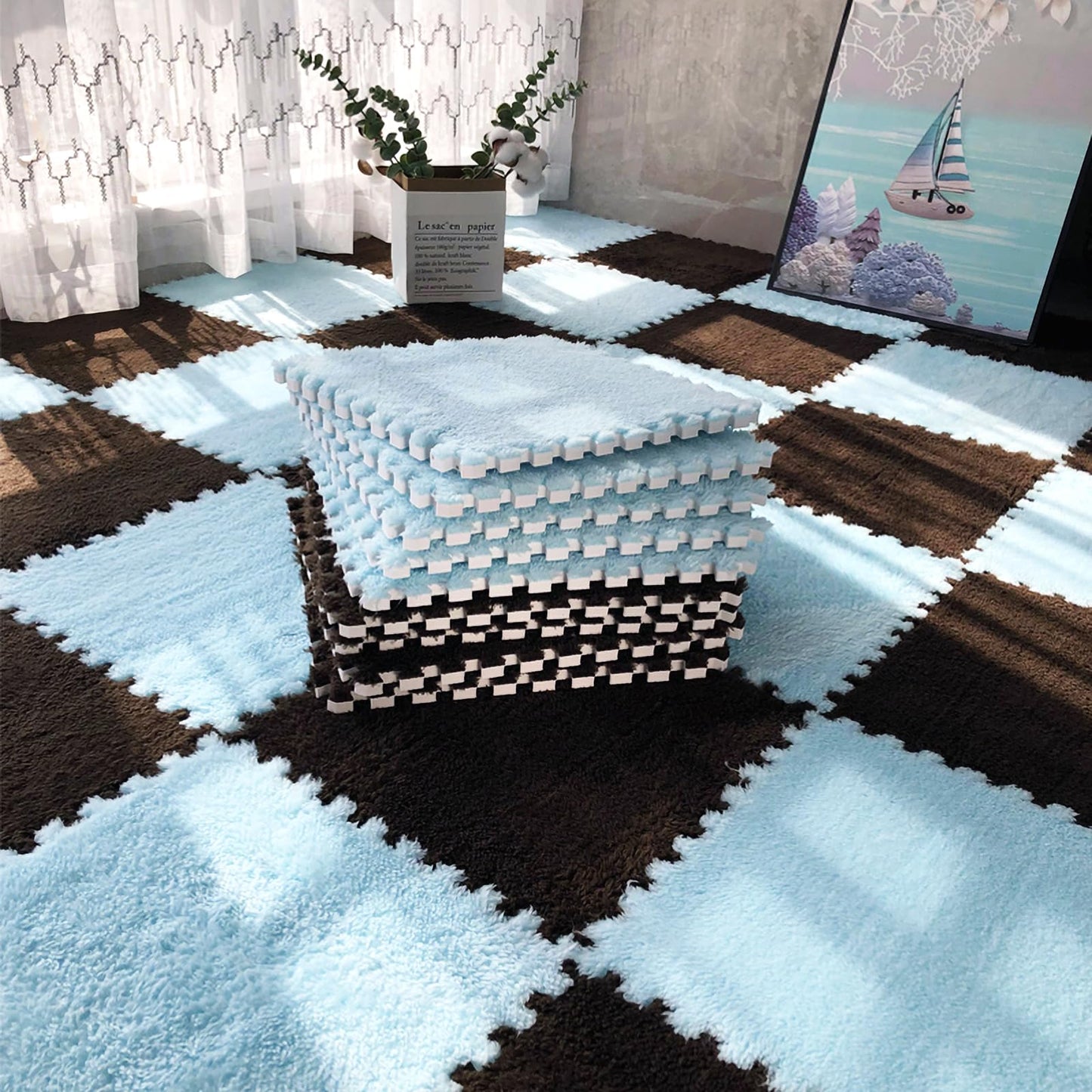 easycustomerlee 12pcs Interlocking Carpet Shaggy Soft EVA Foam Mats Fluffy Rugs Protective Floor Tiles Play Mats for Children Kids Room Home Parlor Bedroom(Lightblue)
