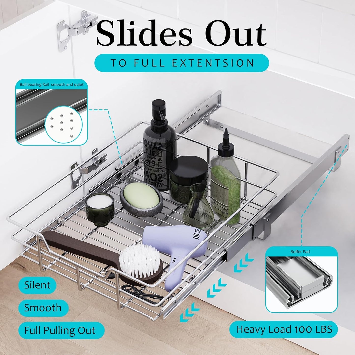 Pull Out Cabinet Organizer 20" W X 22" D, Slide Out Drawers For Kitchen Organizers and Storage, Pull Out Drawers For Cabinets Capacity Heavy Duty Caddy, Cabinet Shelves Chrome-Plated, Bathroom Pantry