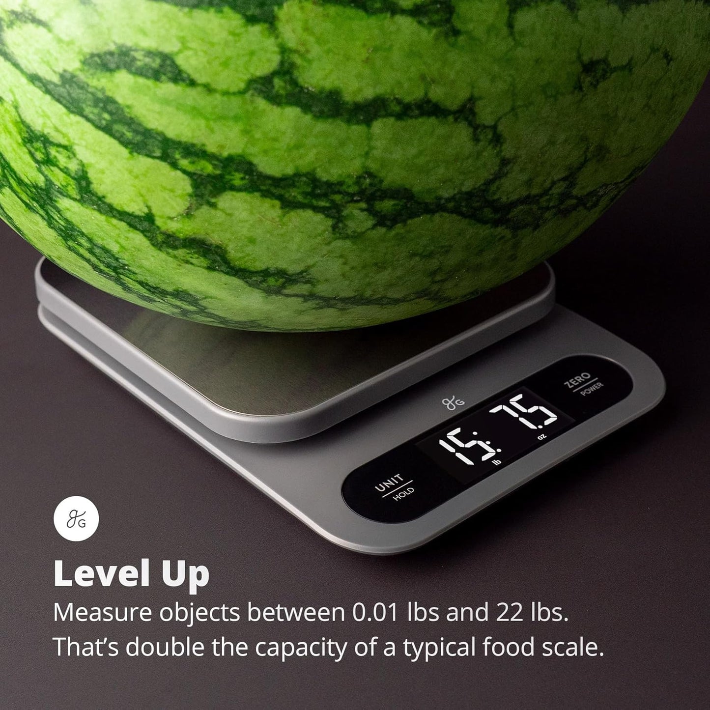 Greater Goods High Capacity Kitchen Scale, 10kg/22lb Capacity Food Scale for Bulk Cooking & Baking, Touch Controls, Hi-Def LCD, Stainless Steel Platform, Precise to 1g