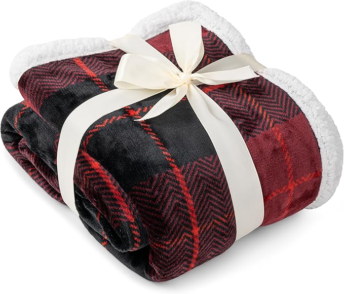 Pavilia Red Plaid Sherpa Throw for Twin, Plush Flannel Fleece Blanket and Throws, Soft Fuzzy Cabin Blanket for Sofa Bed, Warm Cozy Winter Gift, 60x80