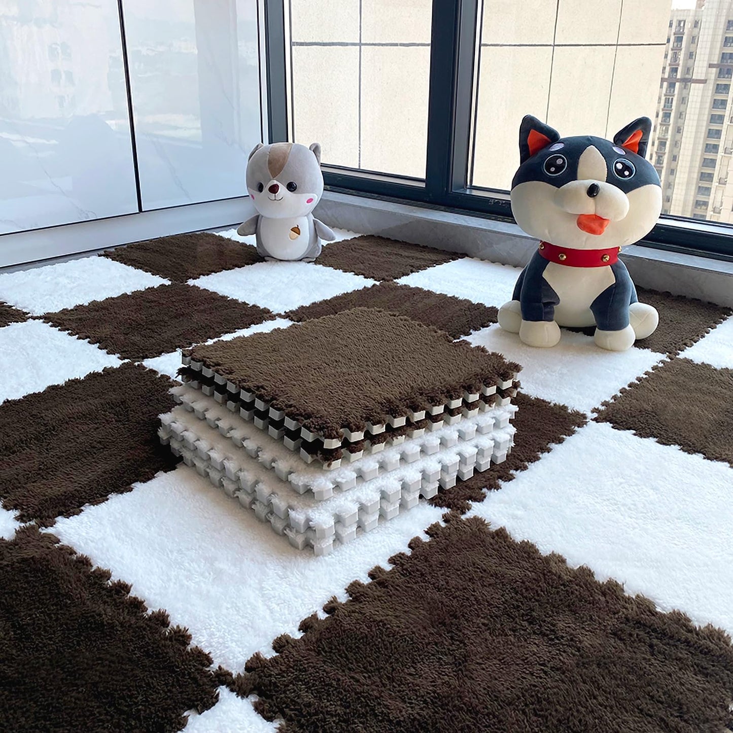 easycustomerlee 12pcs Interlocking Carpet Shaggy Soft EVA Foam Mats Fluffy Rugs Protective Floor Tiles Play Mats for Children Kids Room Home Parlor Bedroom(Brown)