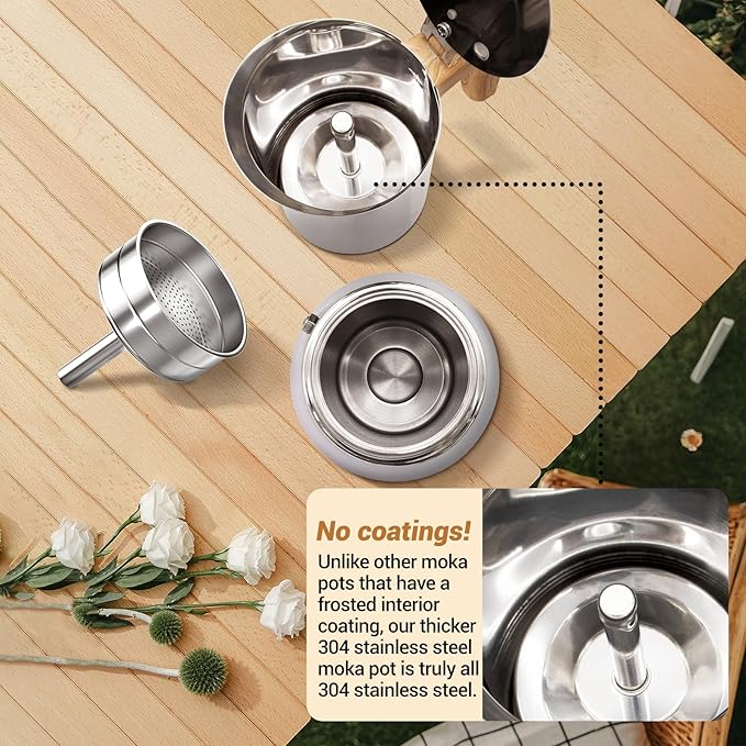 No Coating 4 Cup Moka Pot Thickened 304 Stainless Steel Stovetop Espresso Coffee Maker 200ml 6.8oz Mocha Percolator Greca Cuban Ideal for Making Rich Authentic Italian Café