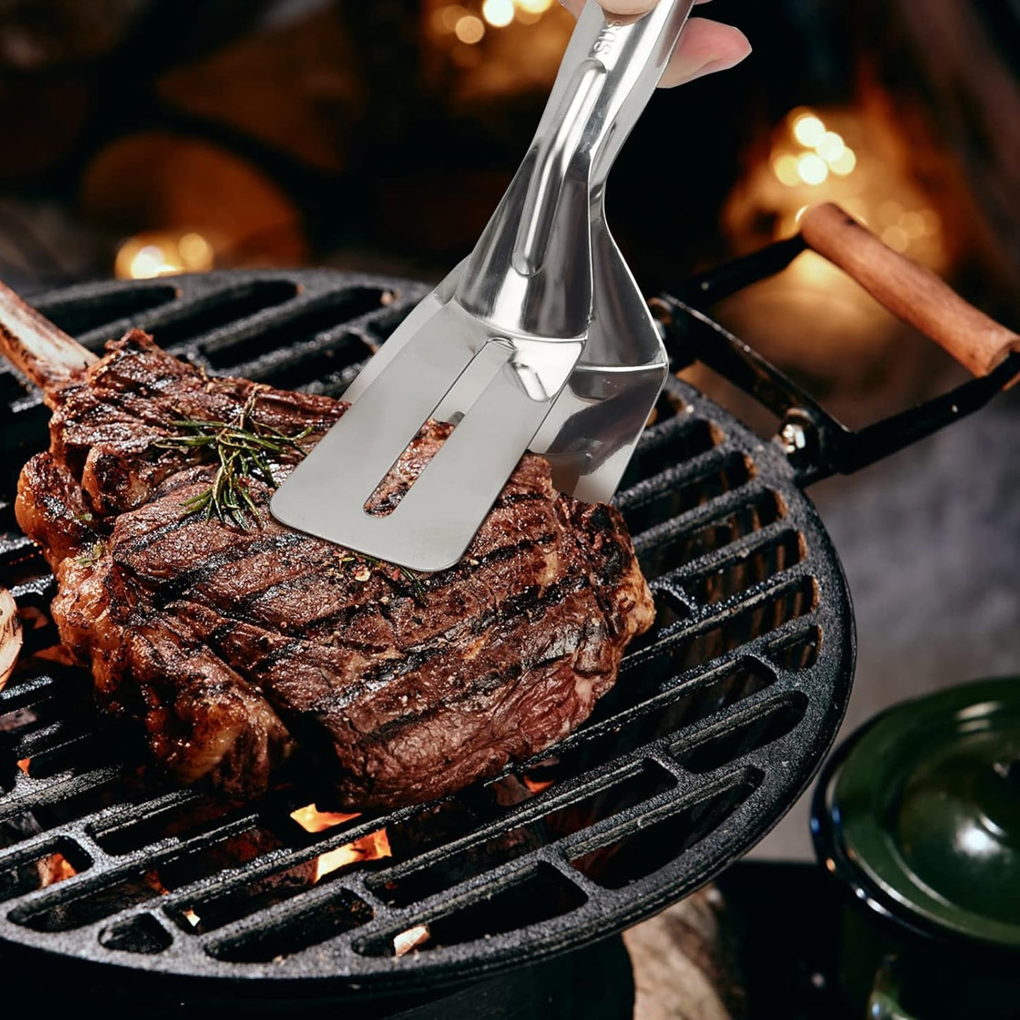 Steak Clamps, 3-in-1 Cooking Tong, Double Sided Spatula, 10 inch Multifunctional Stainless Steel Food Flipping Spatula Tongs Clip for Beefsteak Bread Hamburger BBQ Meats Pizza Pies Bread Fish (2 Pack)