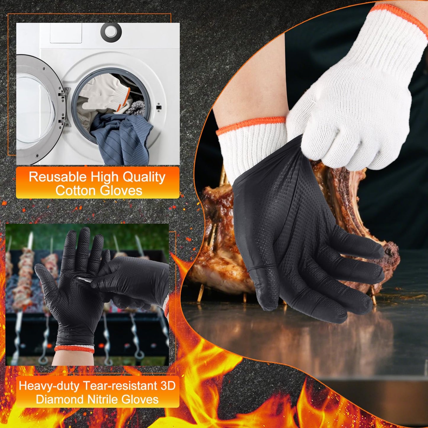 BBQ Gloves for Grilling Disposable Heat Resistant - 100 Nitrile Gloves + 4 Reusable Cotton Liners for Barbecue Smoker, Cooking Hot Meat - 10Mil Thick, Non-Slip Grip - Black Large