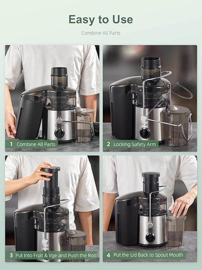 QCen Juicer Machine, 500W Centrifugal Juicer Extractor with 3” Wide Mouth Feed Chute for Fruits & Vegetables, Easy to Clean, Stainless Steel, BPA-Free