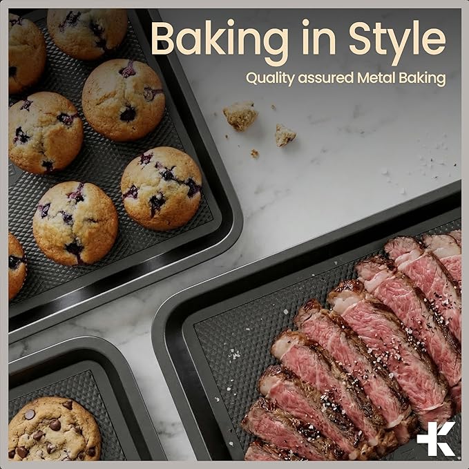 BAKKEN Kitchen Baking Pans - Small, Medium, and Large Cookie Pan (13.58×9.65, 15.75×11, 17.91×12.60), Nonstick, Diamond Texture Bottom, PFOA, PFOS, PTFE Free, Oven Safe Tray (450°F), Pack of 3, Gray