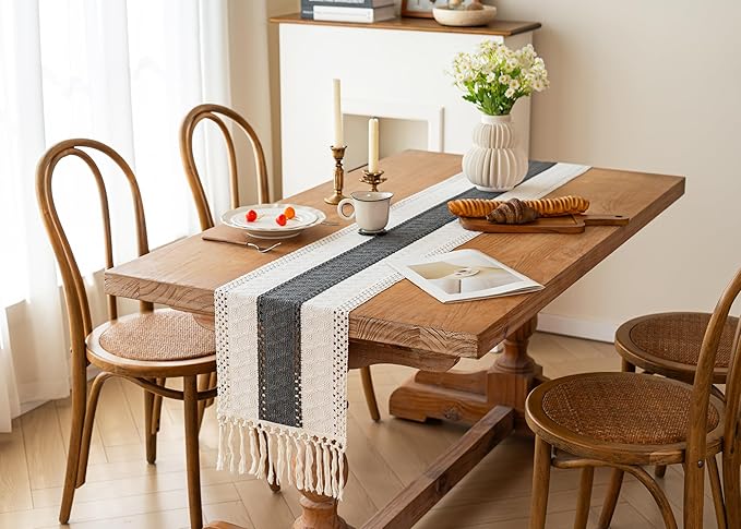 FEXIA Boho Table Runner for Home Decor with Tassels 48 Inches Long,Grey Farmhouse Rustic Table Runner Macrame Burlap Table Decoration for Living Room Bridal Shower(12x48 Inches)