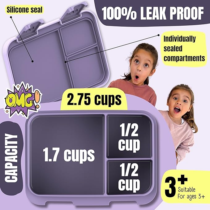 BEARFOOT Kids Lunch Box with Compartments – Compact & Lightweight | Leak-Proof, BPA-Free, Dishwasher & Microwave Safe | Hand-Drawn Design for Preschool, School, Travel (BubbleTea Purple, 2.75 Cups)