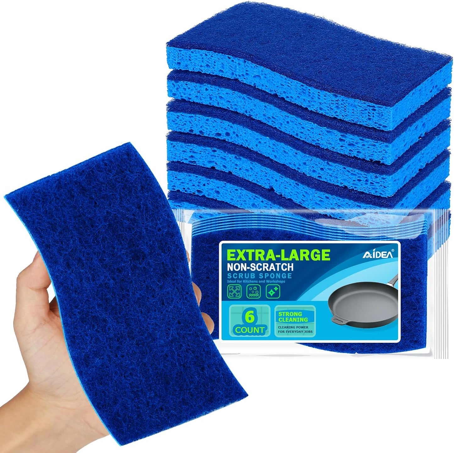 AIDEA XL Scrub Sponges Non-Scratch 6Count, Extra Large Sponges Kitchen, Sponge for Dishes, Cleans Fast Without Scratching Safe for Non-Stick Cookware, Cleaning Power for Kitchen, House