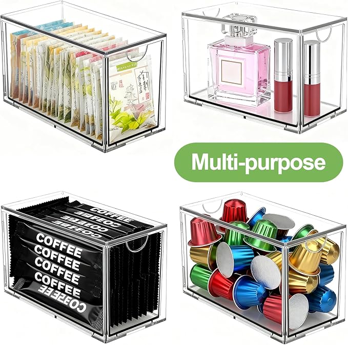 4 Pack Stackable Tea Bag Storage Organizer Drawers – Clear Acrylic Tea Bag Holder for Cabinet, Drawer, Pantry, Countertop – Kitchen Tea Storage Container
