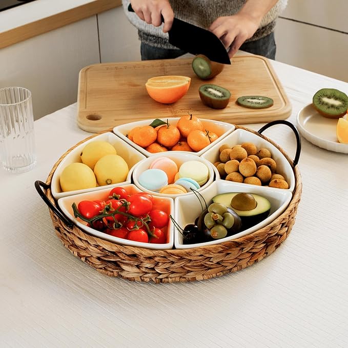 Serving Tray and Serving Dishes, RANDEFURN 7-Set Gold Platters for Parties,15.5 x 15.5 inches, Divided Serving Trays & Platters, Portable Handle,Gold