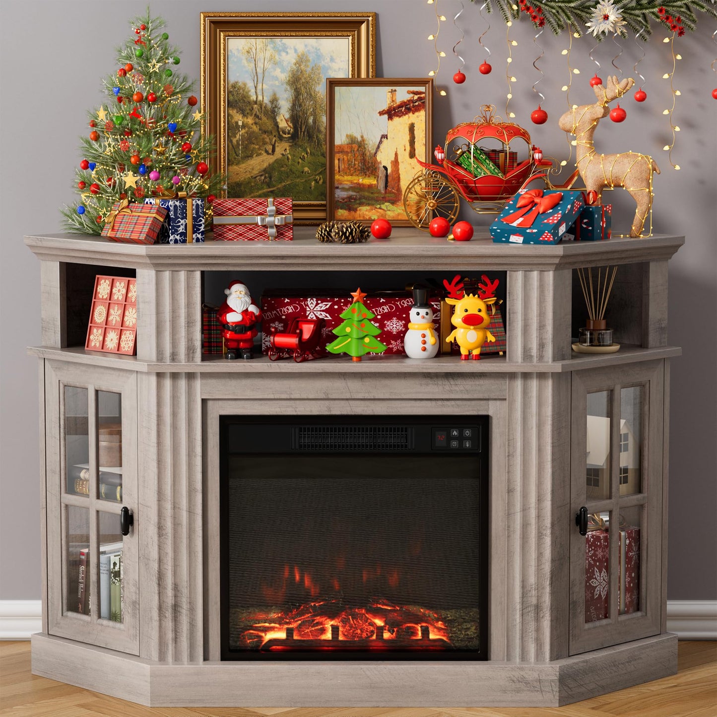 Furmax Fireplace Corner TV Stand for TV Up to 55 Inch, Modern TV Console with 18 Inch Electric Fireplace, Entertainment Center with Open Shelf and Storage Cabinets for Living Room, Rustic Oak