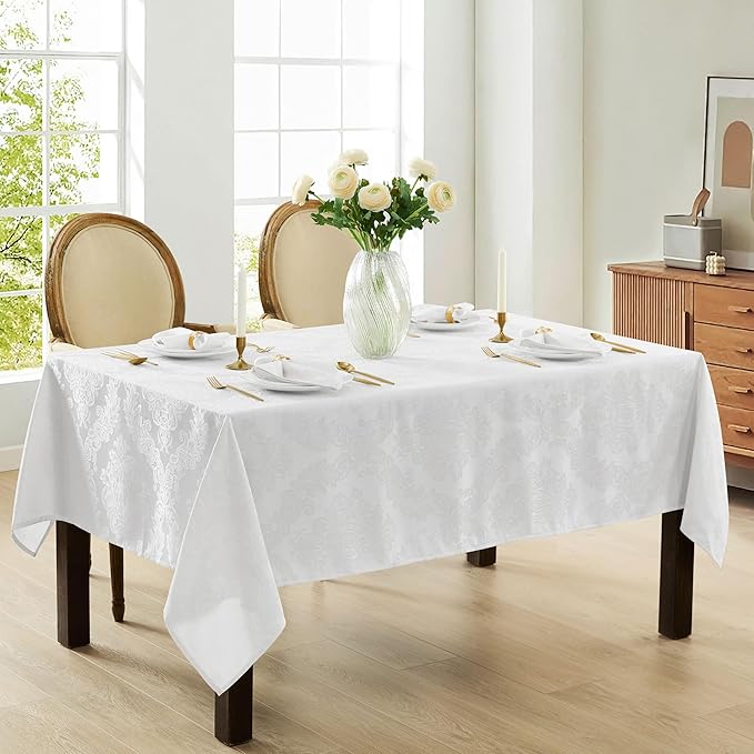 Newbridge Barcelona Luxury Damask Fabric Tablecloth, 60” Wide x 84” Rectangle, White, 100% Polyester, No Iron, Soil Resistant Dining Room, Party and Banquet Table Cover