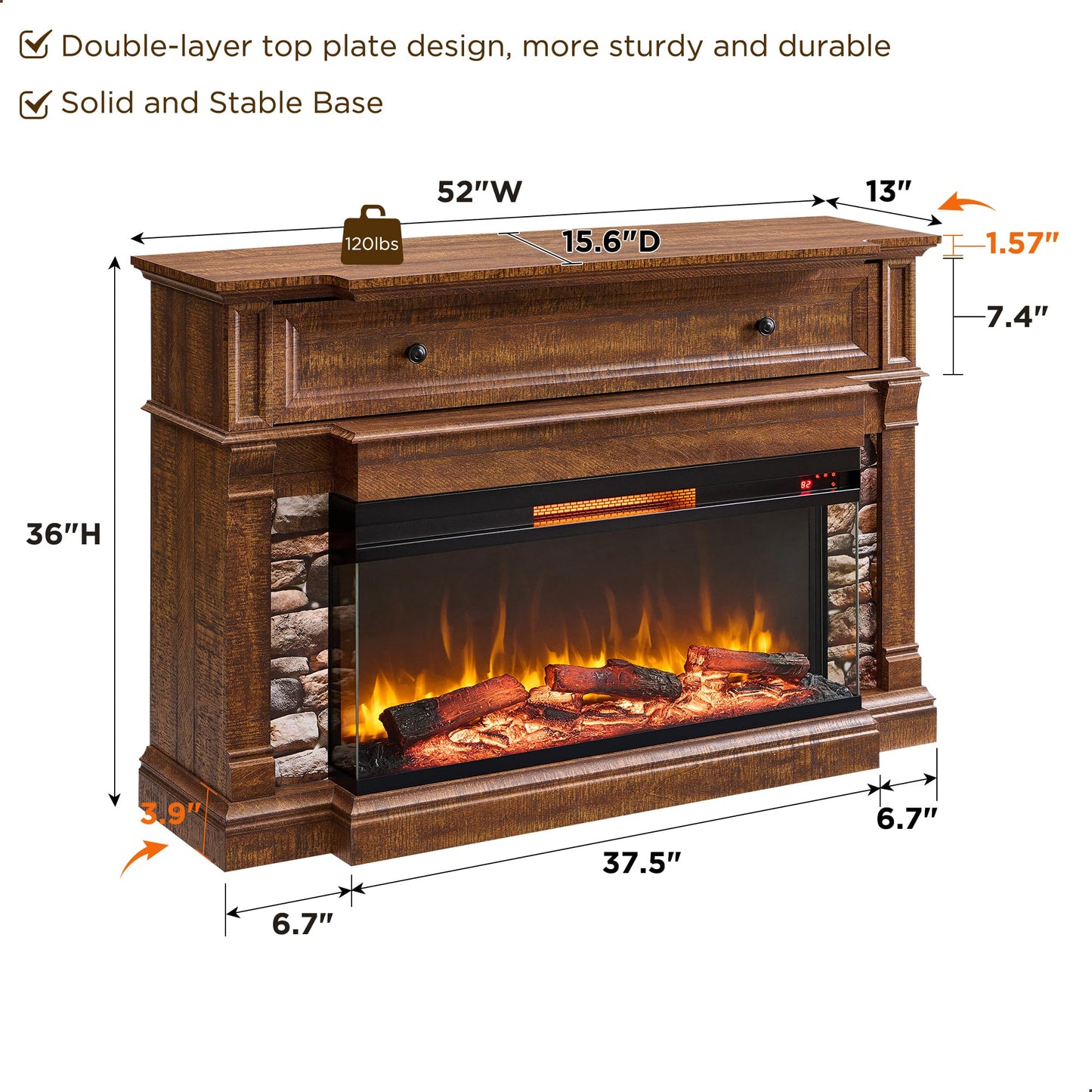 RedLemon 3-Sided Glass Fireplace TV Stand for TVs up to 65", 52" Electric Fireplace with Mantel, 36" Tall Highboy Farmhouse Entertainment Center with Storage for Living Room, Reclaimed Barnwood
