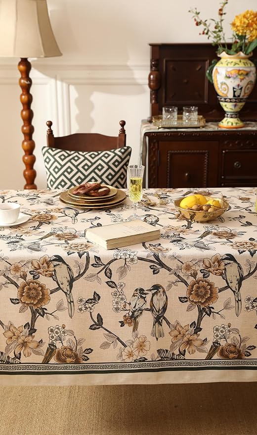 ISAENNE Designer Vintage Linen Extra Long Tablecloth Rectangle,Floral and Bird Pattern Elegant Table Cloth,Fall Wrinkle Resistant Decor Tablecloths for Dining Kitchen Christmas,63"*110"-Murad A
