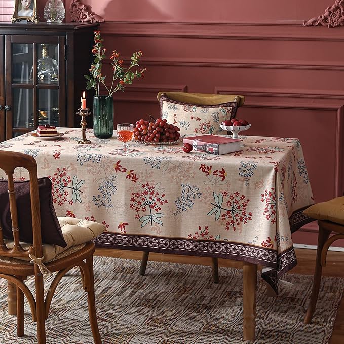 patdrea Designer Linen French Long Rectangular Table Cloth,Vintage Red Floral Fall Tablecloths,Breathable Table Cover for Kitchen Dining,Tea Party,Christmas,Thanksgiving,Holiday,63"x94"-Newmari