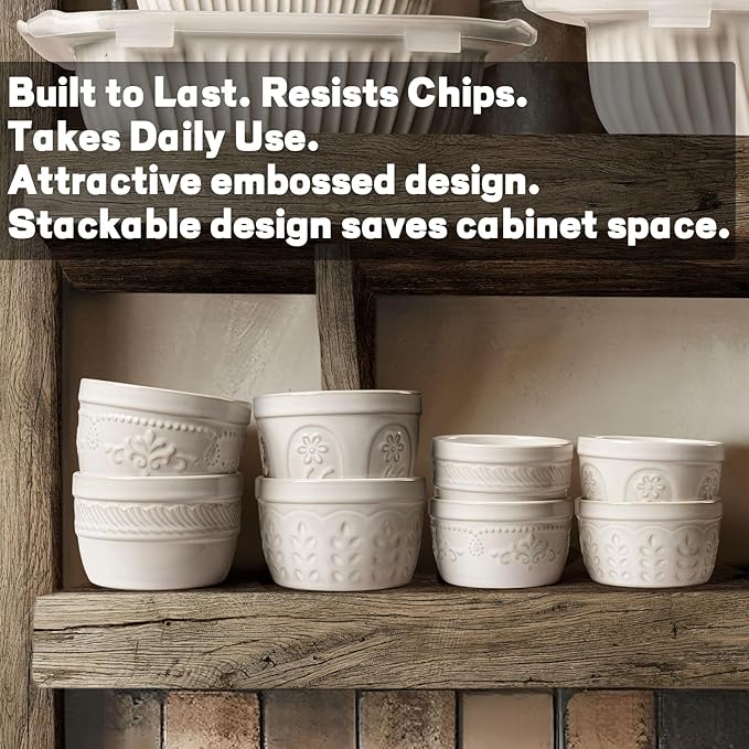 Artena Ramekins Oven Safe, Creme Brulee Ramekins, Embossed White Ceramic Souffle Pudding Custard Cups, Baking Dish, Dipping Bowls, Sauce Cups, Set Of 4 (Wheat Leaf, 8 oz)