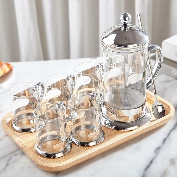 DUJUST Silver French Press Set with 6 Cups & Tray, Luxury Design Coffee Maker with 4-Level Filter System, Hot & Cold Resistant Glass French Coffee Press Set, Well Packed, Holiday Gift & Home Décor