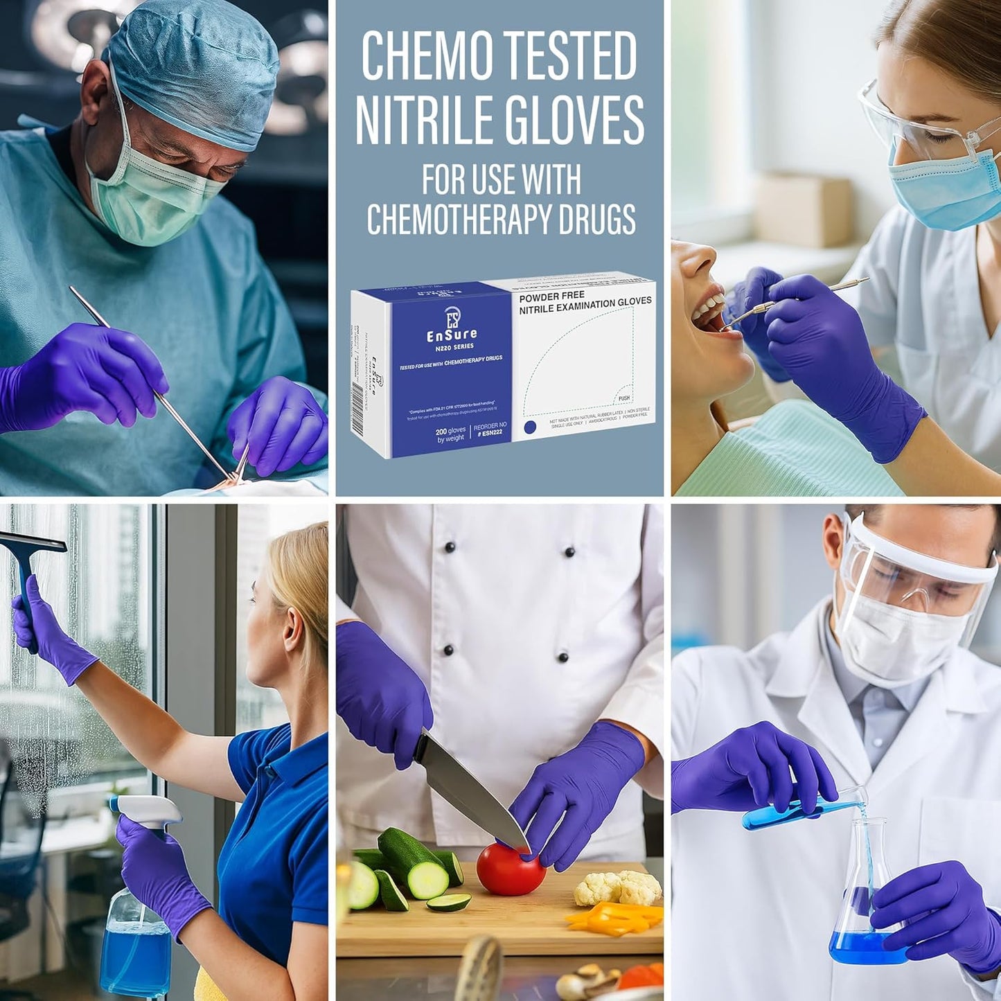 EnSure Nitrile Exam Gloves, Powder-Free, Latex-Free, Chemo Rated, Non-Sterile, Light Duty, Textured Tips, Medical, Surgical, Food Safe, Cleaning, Dental, Lab Use - 3 Mil (Small, 2000 Count)
