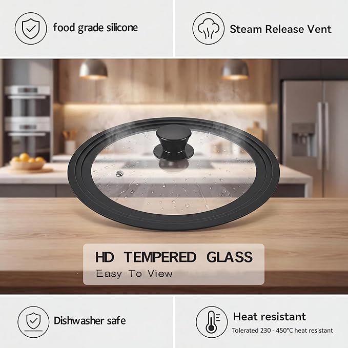 Universal Lid for Pots, Pans and Skillets, 6&7&8 inch, Diameter Cookware, Silicone Replacement Pan Lid Pot Lids for Frying Pans, Cast Iron,Tempered Glass Lid