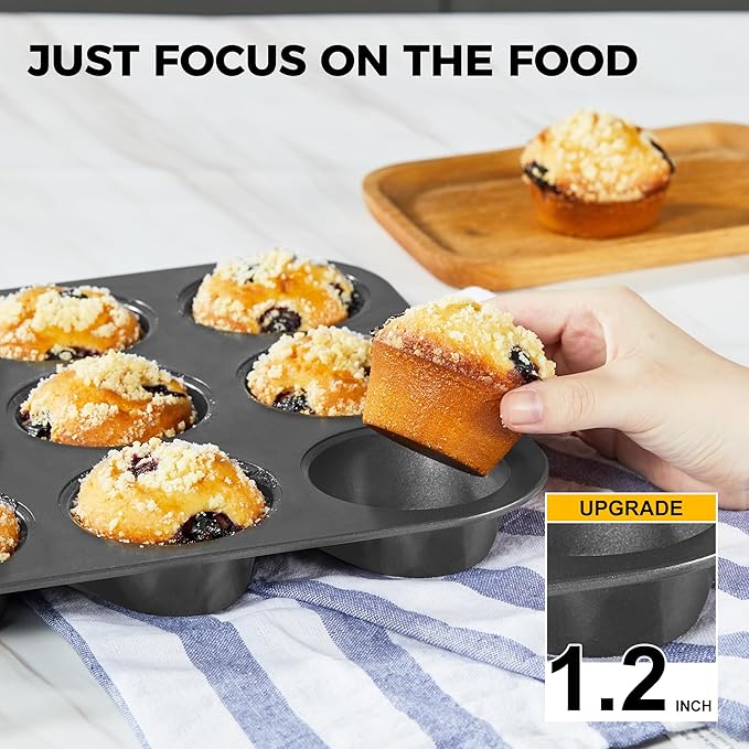 HONGBAKE Muffin Pans with 120 Natural Liners, Nonstick 12 Cup Cupcake Baking Tray, Premium Standard Size, 2 Pack, Dark Grey