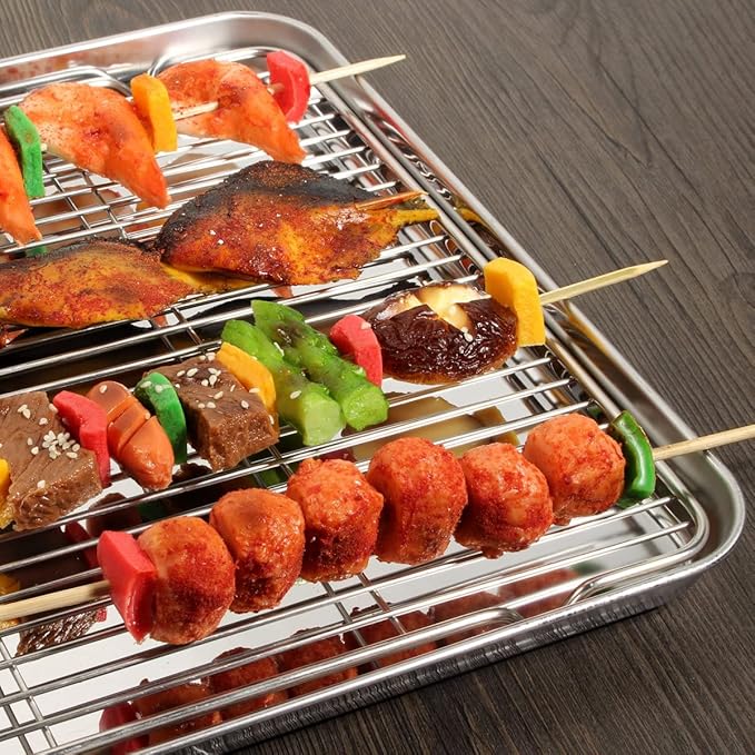 Wildone Baking Sheet & Rack Set [2 Sheets + 2 Racks], Stainless Steel Cookie Pan with Cooling Rack, Size 17.3 x 12.2 x 1 Inch, Non Toxic & Heavy Duty & Easy Clean