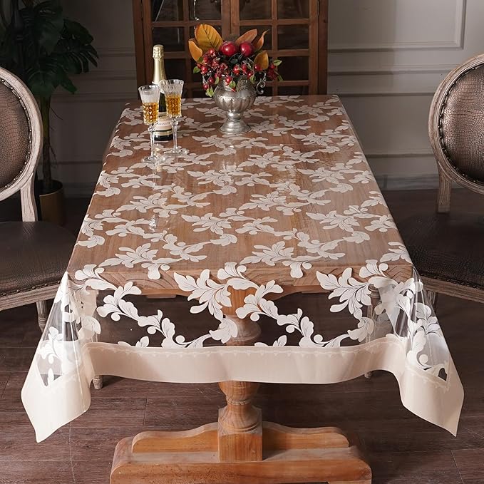 Waterproof Clear Table Cover Protector Vinyl Rectangle Table Cloth Oil Spill Proof Wipe Clean Plastic Tablecloths for Dining Tables (Scroll Grass, 60 x 84 Inches)