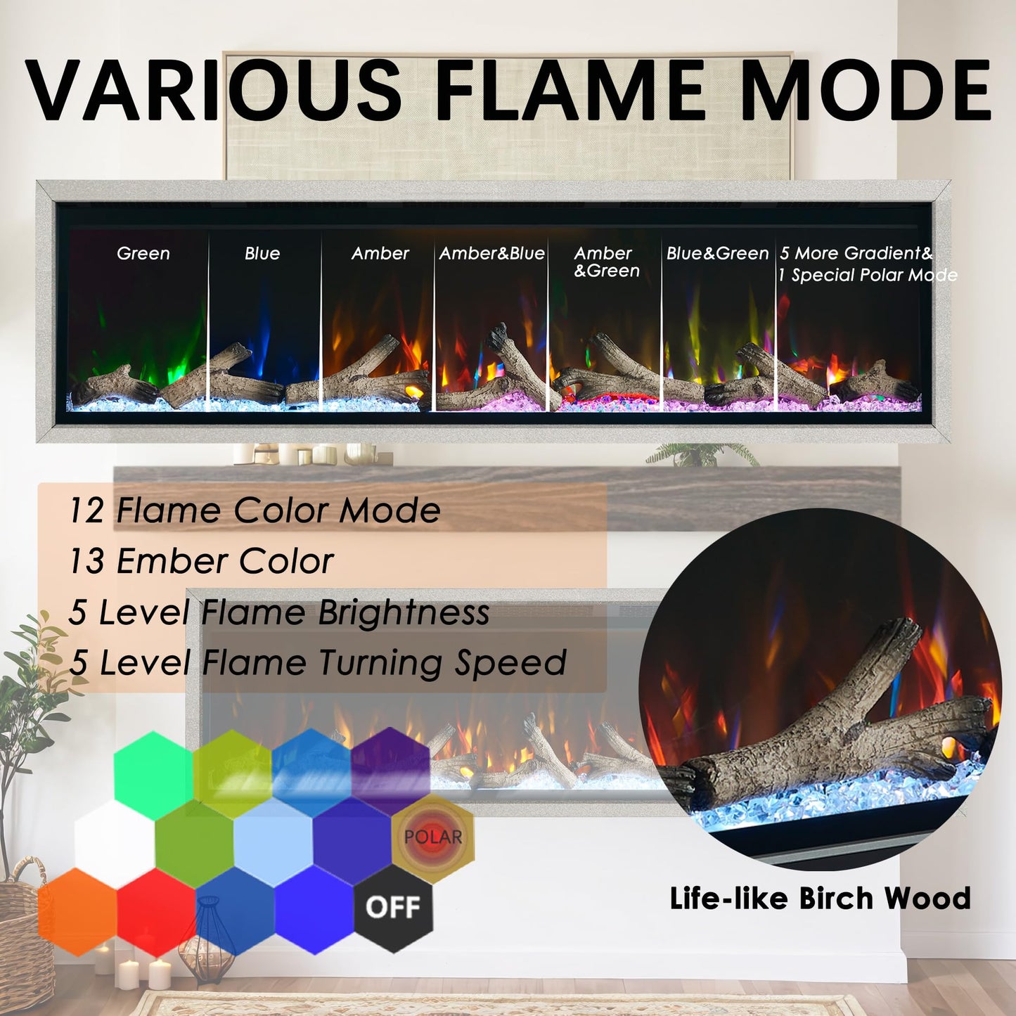 Unineo 50 Inch Electric Fireplace w/Aluminum Frame, Hidden Air Vents Design, Recessed and Wall Mounted Fireplace Heater w/Thermostat, 12×13×5 Realistic Flame, Visual Remote, Log and Crystal, Siliver