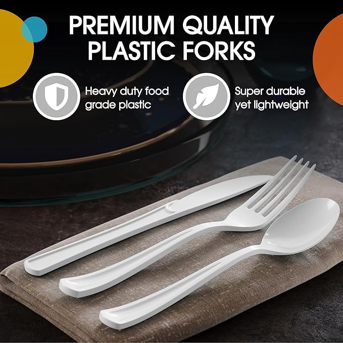 Party Solids White Plastic Silverware Heavy Duty 150 Pieces White Plastic Cutlery Sets, Utensil Sets, 50 Of Each Forks, Knives & Spoons Disposable Cutlery Set, Flatware Set For Party Supplies