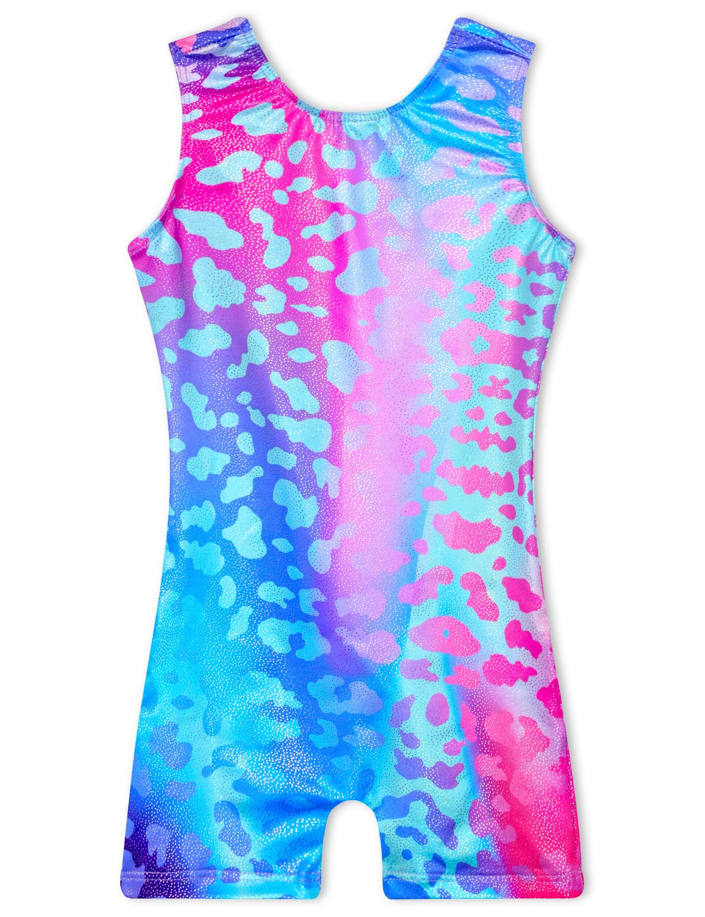TENVDA Girls Gymnastics Leotards with Shorts Size 5-6 Years Old Sparkly Blue Leopard Print Sleeveless Tumbling Biketard Unitard