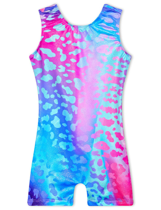 TENVDA Girls Gymnastics Leotards with Shorts Size 5-6 Years Old Sparkly Blue Leopard Print Sleeveless Tumbling Biketard Unitard