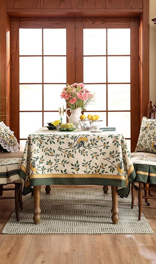 patdrea Designer Green French Linen Long Rectangular Tablecloth,Vintage Durable Floral Table Cloth,Decorative Table Cover for Kitchen Dining,Parties,Party,Christmas,Thanksgiving,63"x94"-Warbler