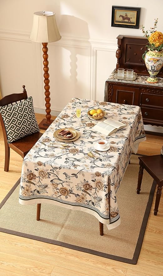 ISAENNE Designer Vintage Linen Tablecloth Rectangular,Floral and Bird Pattern Elegant Table Cloth,Fall Wrinkle Resistant Decor Tablecloths for Dining Kitchen Party Christmas,55"*79"-Murad A