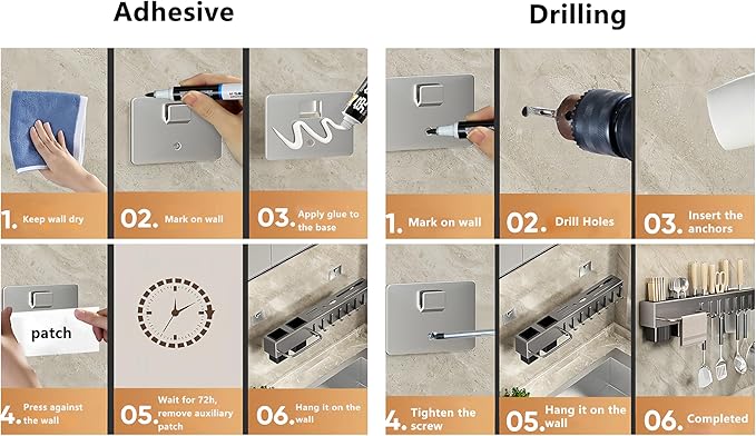 SEIDO Carbon Steel Utensil Rack – Space-Saving 16" L Kitchen Organizer with hooks & hanging bar, Gunmetal Gray Knife Holder, 2 Installation Options (Adhesive/Screwed)