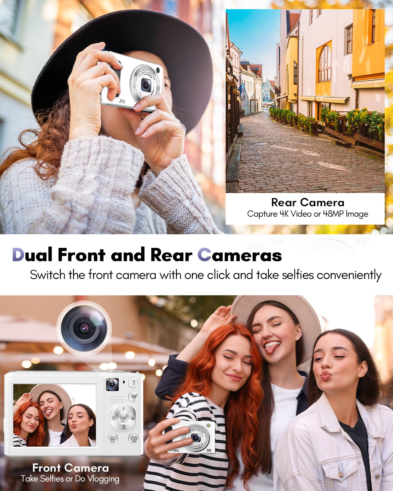 4K Digital Camera, 48MP Autofocus Cameras for Photography,Vlogging Compact Camera with Front and Rear Camera, 16X Zoom Protable Point and Shoot Cameras with 32GB SD Card,Anti-Shake,2 Batteries