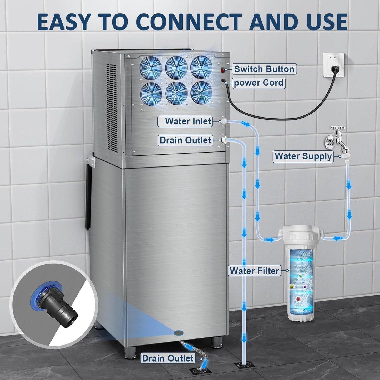 Commercial Ice Maker Machine 500LBS/24H 360LBS Ice Bin LCD Touch Screen Self Cleaning Function Freestanding Ice Maker 156 Counts Ice Ready in 5-10 min Clear Ice Cube for Cafe, Bar, Home