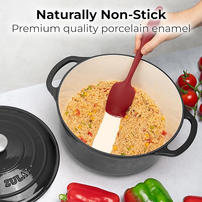 Zulay Kitchen 7.7 Quart Enameled Cast Iron Dutch Oven Pot with Lid – Premium Durability & Oven Safe up to 500°F – Heavy Duty Cookware Perfect for Bread Baking, Stews, Braising & Roasting – Black