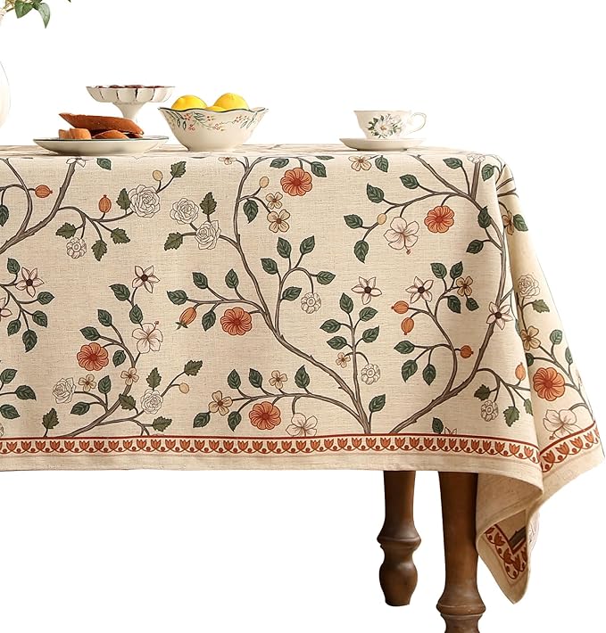 ISAENNE Designer Floral Table Cloth for Rectangle Table,French Linen Light Beige Indoor Tablecloth,Fall Wrinkle Resistant Decor Tablecloths for Dining Thanksgiving Kitchen,55"*79"-Flora A