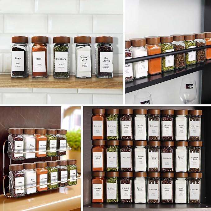 24 Pcs Spice Jars, 4oz Seasoning Containers with Acacia Wood Shaker Lids, Glass Spice Bottles with Labels, Square Seasoning Organizer, Kitchen Spice Container