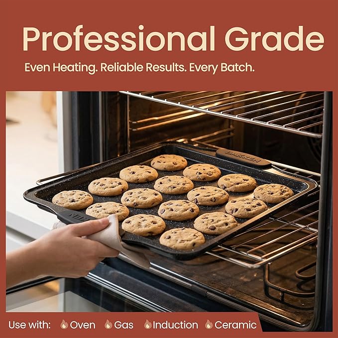 BAKKEN Kitchen Baking Pans - 15.15 x 10.03" Medium Nonstick Sheet, Durable Carbon Steel Cookie Sheet with Gray Silicone Handles, PFOA, PFOS, PTFE Free, Oven Safe Tray (Up To 450°F), Set of 1