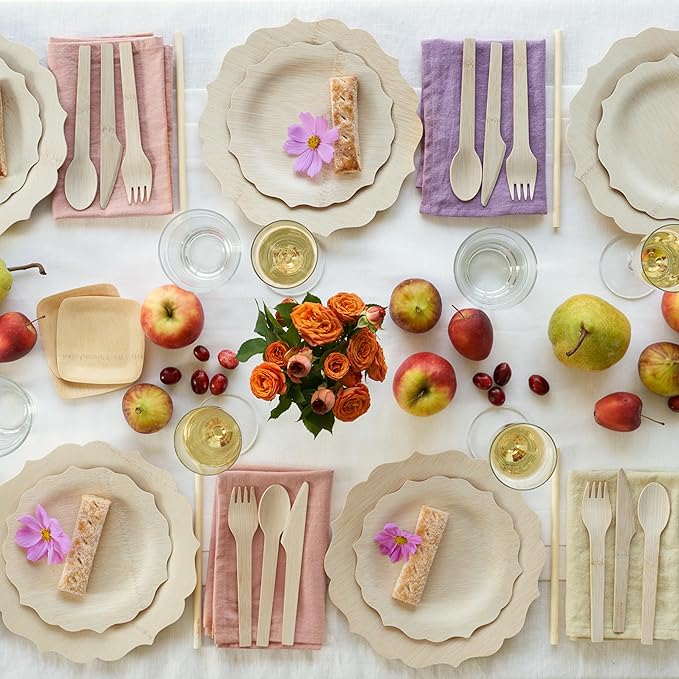 Bambu Pack of 8 - 7 Inch Disposable Bamboo Plates Fancy, Biodegradable Eco Friendly Products, Bamboo Disposable Plates for Events, Compostable Plates