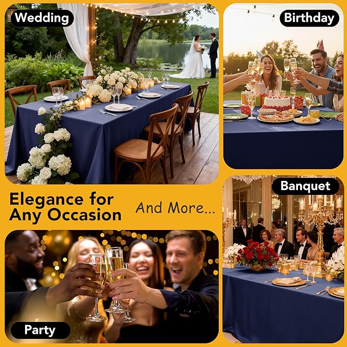 6-Pack Navy Blue Tablecloths for Rectangle Tables, 90 x 132 Inches, Stain-Resistant Polyester Fabric for 8 Foot Tables - Washable Table Covers for Weddings, Banquets, Birthday Parties, Events
