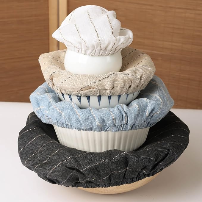 100% Linen Stripe Bowl Covers Reusable For Bread Proofing, 4 Pcs Elastic Cloth Fabric Bowl Covers, 5.9*7.9*9.8*11.8 Inches, Black