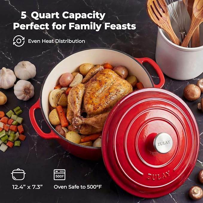 Zulay Kitchen 5 Quart Enameled Cast Iron Dutch Oven Pot with Lid – Premium Durability & Oven Safe up to 500°F – Heavy Duty Cookware Perfect for Bread Baking, Stews, Braising & Roasting – Ablaze Red