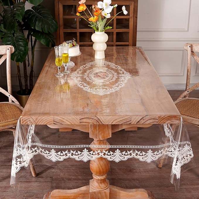 Waterproof Clear Table Cover Protector, Vinyl Rectangle Table Cloth with Lace Pattern Oil Spill Proof Wipe Clean Plastic Tablecloths for Dining Tables (French Lace, 55 x 84 Inches)