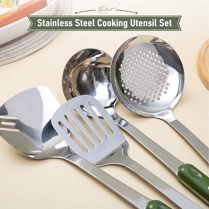 FJNATINH Spatula and Ladle Set - 2 Wok Tools - Universal Ladle and Spatula - Stainless Steel Cooking Utensils and Accessories, 13"-14", Green Handle