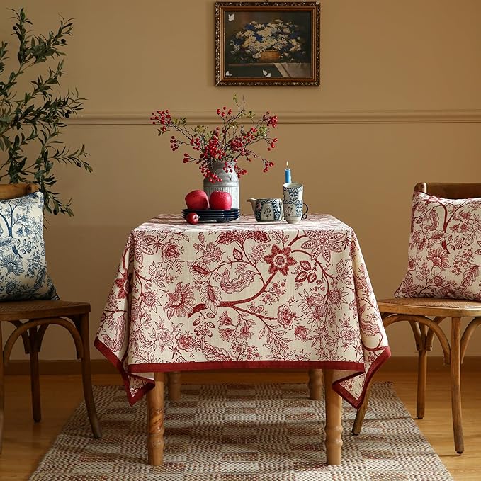 ISAENNE Designer French Linen Extra Long Rectangle Tablecloth,Red Floral Washable Indoor Table Cloth,Durable Home Decor Tablecloths for Dining Thanksgiving Kitchen Party,67"*118"-Ruyi A