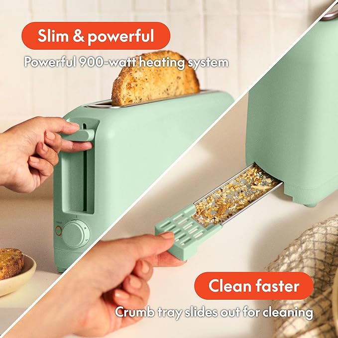 bella 2 Slice Slim Toaster, Fits-anywhere™ Kitchenware, 6 Setting Shade Control with Reheat & Cancel Buttons, Fits Sourdough, 10” Long Slot, Anti Jam & Auto Shutoff, 900 Watt, Seaglass