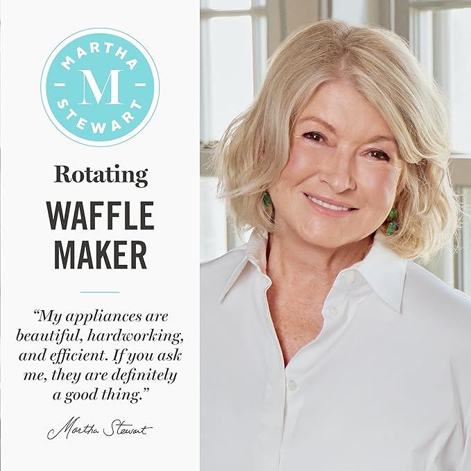 Martha Stewart Rotating Waffle Maker, 180° Flip Iron with PFAS-Free Nonstick Plates, Adjustable Timer, Ready Light, Drip Tray, Space Saving, Classic Round 7”, Easy to Clean, Stainless Steel, Indigo